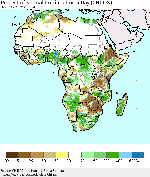 Africa Percent of Normal Precipitation 5-Day (CHIRPS) Thematic Map For 3/16/2021 - 3/20/2021