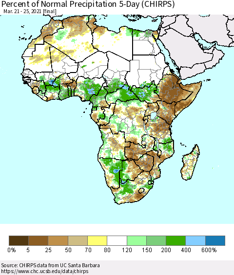 Africa Percent of Normal Precipitation 5-Day (CHIRPS) Thematic Map For 3/21/2021 - 3/25/2021