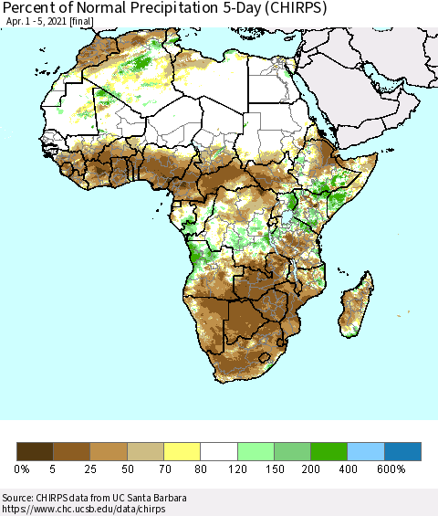 Africa Percent of Normal Precipitation 5-Day (CHIRPS) Thematic Map For 4/1/2021 - 4/5/2021