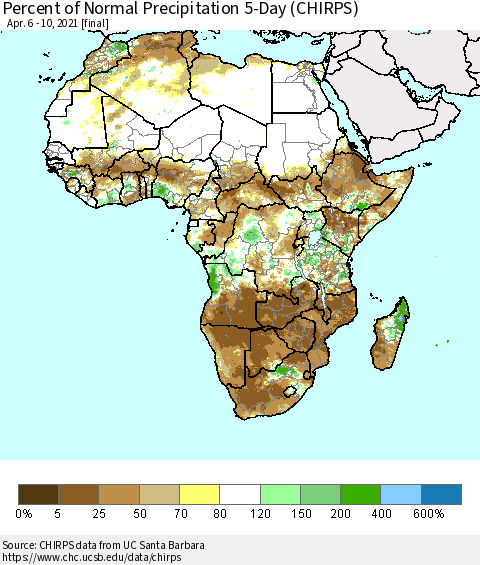 Africa Percent of Normal Precipitation 5-Day (CHIRPS) Thematic Map For 4/6/2021 - 4/10/2021