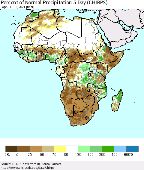 Africa Percent of Normal Precipitation 5-Day (CHIRPS) Thematic Map For 4/11/2021 - 4/15/2021