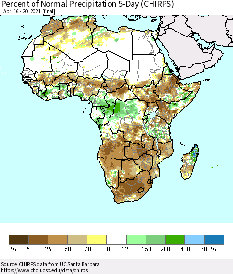 Africa Percent of Normal Precipitation 5-Day (CHIRPS) Thematic Map For 4/16/2021 - 4/20/2021