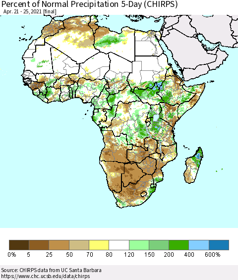 Africa Percent of Normal Precipitation 5-Day (CHIRPS) Thematic Map For 4/21/2021 - 4/25/2021