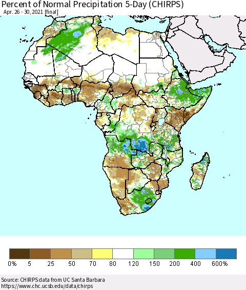Africa Percent of Normal Precipitation 5-Day (CHIRPS) Thematic Map For 4/26/2021 - 4/30/2021