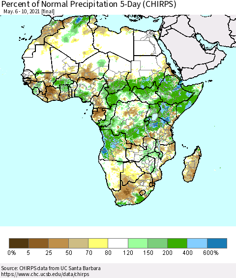 Africa Percent of Normal Precipitation 5-Day (CHIRPS) Thematic Map For 5/6/2021 - 5/10/2021