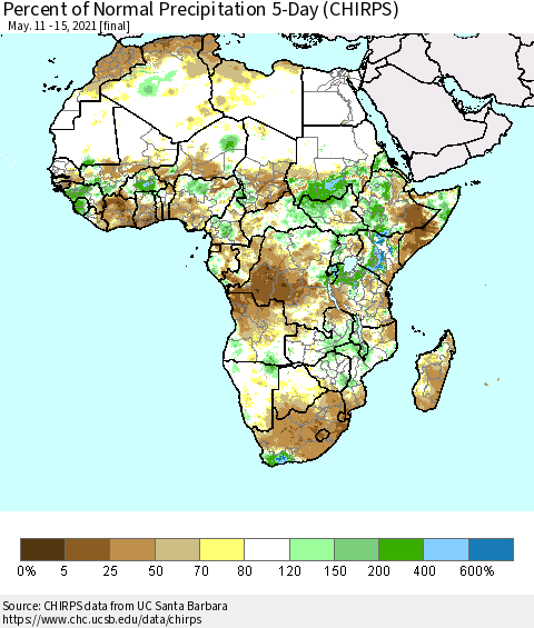 Africa Percent of Normal Precipitation 5-Day (CHIRPS) Thematic Map For 5/11/2021 - 5/15/2021