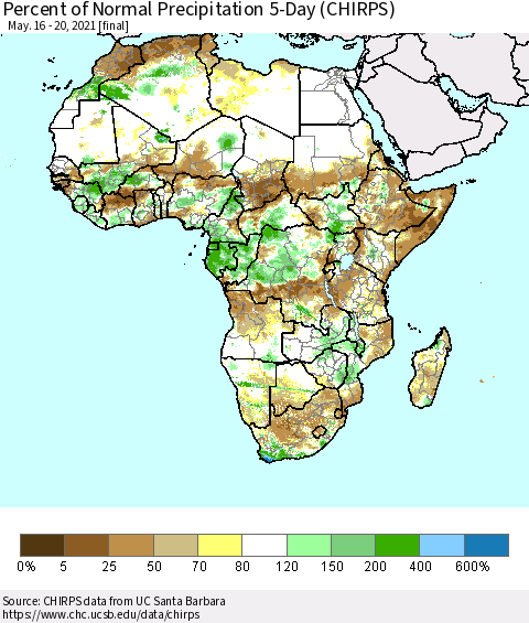 Africa Percent of Normal Precipitation 5-Day (CHIRPS) Thematic Map For 5/16/2021 - 5/20/2021