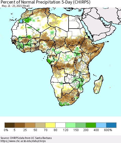 Africa Percent of Normal Precipitation 5-Day (CHIRPS) Thematic Map For 5/21/2021 - 5/25/2021