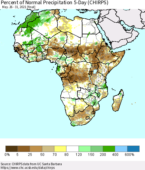 Africa Percent of Normal Precipitation 5-Day (CHIRPS) Thematic Map For 5/26/2021 - 5/31/2021