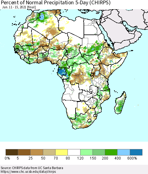 Africa Percent of Normal Precipitation 5-Day (CHIRPS) Thematic Map For 6/11/2021 - 6/15/2021