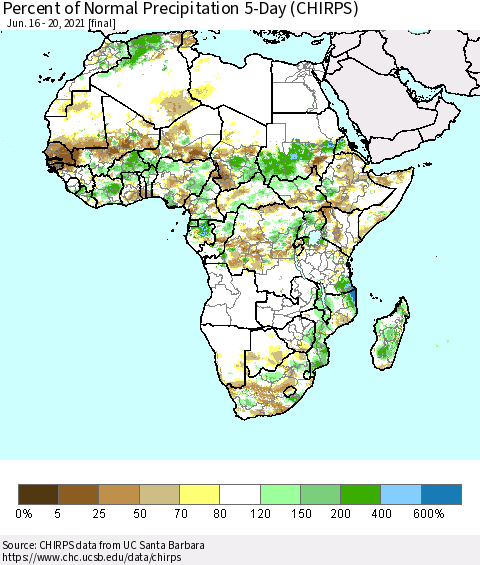 Africa Percent of Normal Precipitation 5-Day (CHIRPS) Thematic Map For 6/16/2021 - 6/20/2021