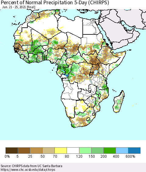 Africa Percent of Normal Precipitation 5-Day (CHIRPS) Thematic Map For 6/21/2021 - 6/25/2021