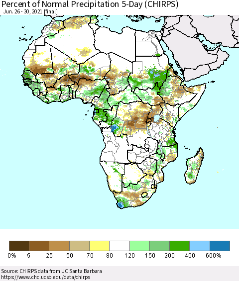 Africa Percent of Normal Precipitation 5-Day (CHIRPS) Thematic Map For 6/26/2021 - 6/30/2021