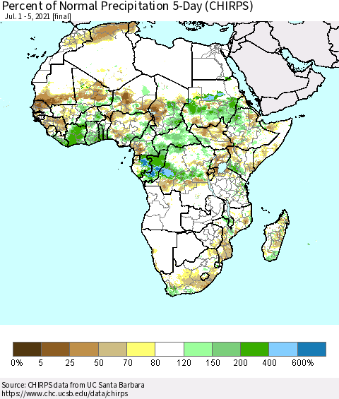 Africa Percent of Normal Precipitation 5-Day (CHIRPS) Thematic Map For 7/1/2021 - 7/5/2021