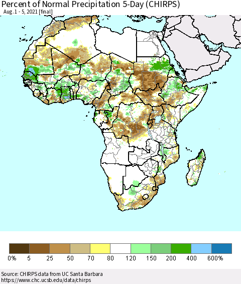 Africa Percent of Normal Precipitation 5-Day (CHIRPS) Thematic Map For 8/1/2021 - 8/5/2021
