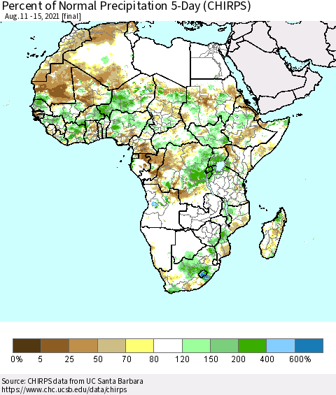 Africa Percent of Normal Precipitation 5-Day (CHIRPS) Thematic Map For 8/11/2021 - 8/15/2021