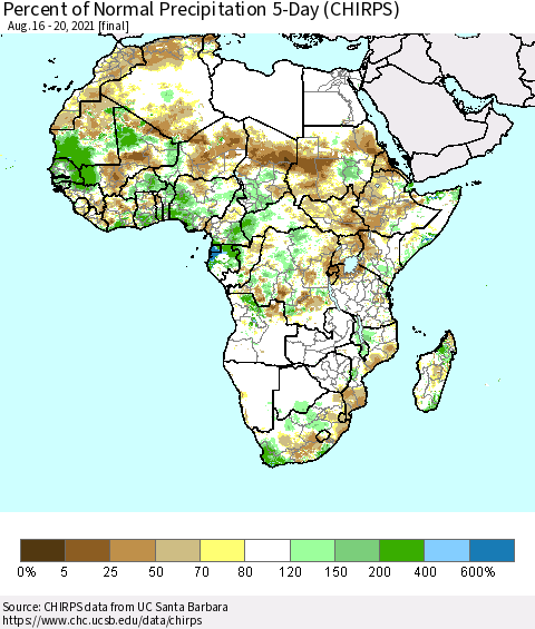 Africa Percent of Normal Precipitation 5-Day (CHIRPS) Thematic Map For 8/16/2021 - 8/20/2021
