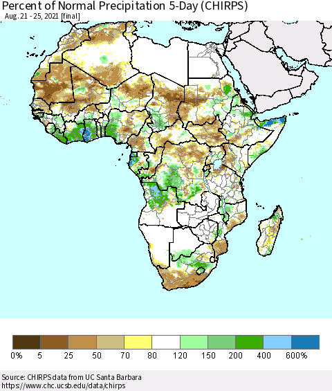 Africa Percent of Normal Precipitation 5-Day (CHIRPS) Thematic Map For 8/21/2021 - 8/25/2021