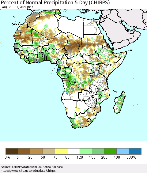 Africa Percent of Normal Precipitation 5-Day (CHIRPS) Thematic Map For 8/26/2021 - 8/31/2021