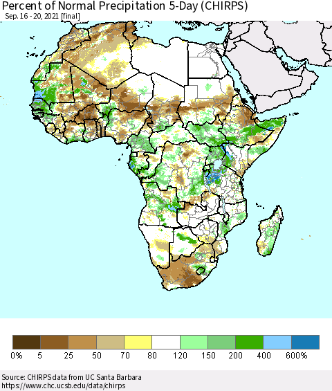 Africa Percent of Normal Precipitation 5-Day (CHIRPS) Thematic Map For 9/16/2021 - 9/20/2021