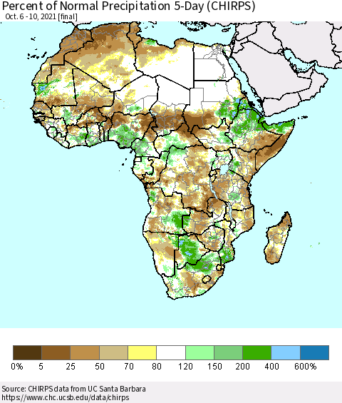 Africa Percent of Normal Precipitation 5-Day (CHIRPS) Thematic Map For 10/6/2021 - 10/10/2021