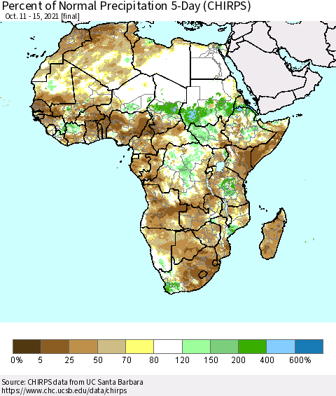 Africa Percent of Normal Precipitation 5-Day (CHIRPS) Thematic Map For 10/11/2021 - 10/15/2021