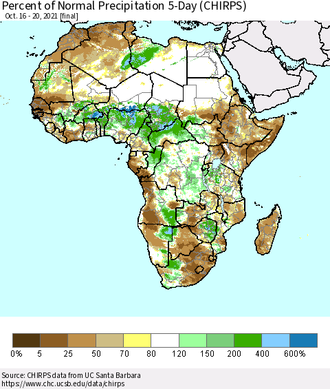 Africa Percent of Normal Precipitation 5-Day (CHIRPS) Thematic Map For 10/16/2021 - 10/20/2021