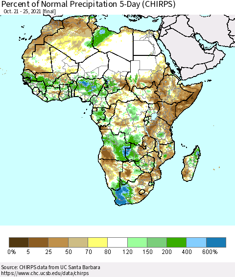 Africa Percent of Normal Precipitation 5-Day (CHIRPS) Thematic Map For 10/21/2021 - 10/25/2021