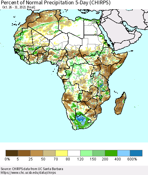 Africa Percent of Normal Precipitation 5-Day (CHIRPS) Thematic Map For 10/26/2021 - 10/31/2021