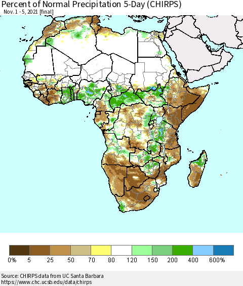 Africa Percent of Normal Precipitation 5-Day (CHIRPS) Thematic Map For 11/1/2021 - 11/5/2021