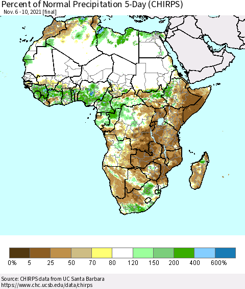 Africa Percent of Normal Precipitation 5-Day (CHIRPS) Thematic Map For 11/6/2021 - 11/10/2021