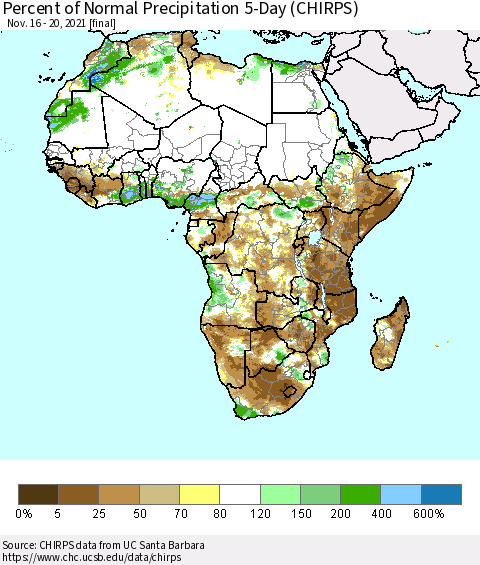 Africa Percent of Normal Precipitation 5-Day (CHIRPS) Thematic Map For 11/16/2021 - 11/20/2021