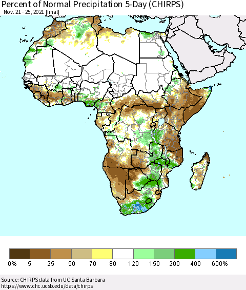 Africa Percent of Normal Precipitation 5-Day (CHIRPS) Thematic Map For 11/21/2021 - 11/25/2021