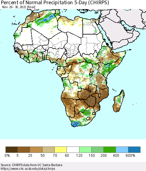 Africa Percent of Normal Precipitation 5-Day (CHIRPS) Thematic Map For 11/26/2021 - 11/30/2021