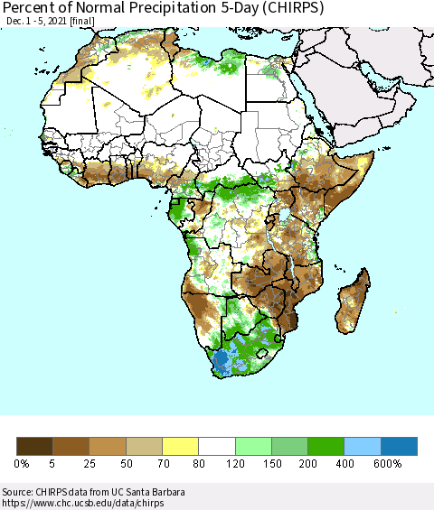 Africa Percent of Normal Precipitation 5-Day (CHIRPS) Thematic Map For 12/1/2021 - 12/5/2021