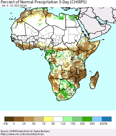 Africa Percent of Normal Precipitation 5-Day (CHIRPS) Thematic Map For 12/6/2021 - 12/10/2021