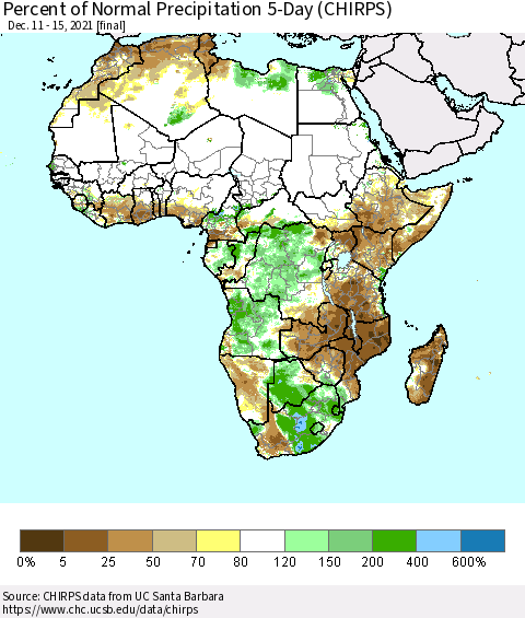 Africa Percent of Normal Precipitation 5-Day (CHIRPS) Thematic Map For 12/11/2021 - 12/15/2021
