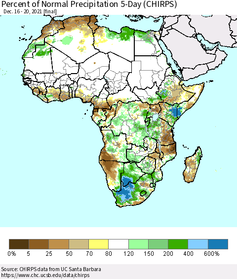 Africa Percent of Normal Precipitation 5-Day (CHIRPS) Thematic Map For 12/16/2021 - 12/20/2021