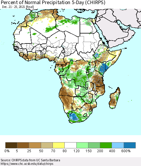 Africa Percent of Normal Precipitation 5-Day (CHIRPS) Thematic Map For 12/21/2021 - 12/25/2021