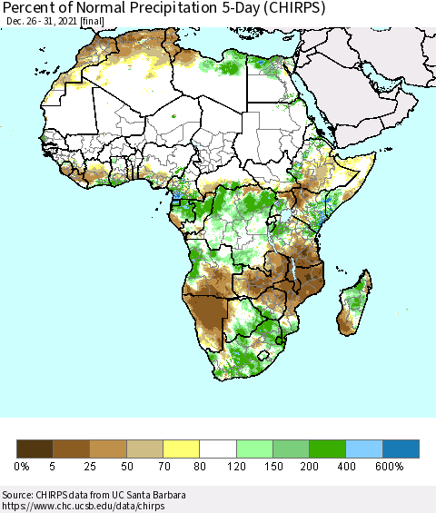 Africa Percent of Normal Precipitation 5-Day (CHIRPS) Thematic Map For 12/26/2021 - 12/31/2021