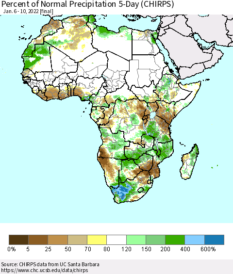 Africa Percent of Normal Precipitation 5-Day (CHIRPS) Thematic Map For 1/6/2022 - 1/10/2022