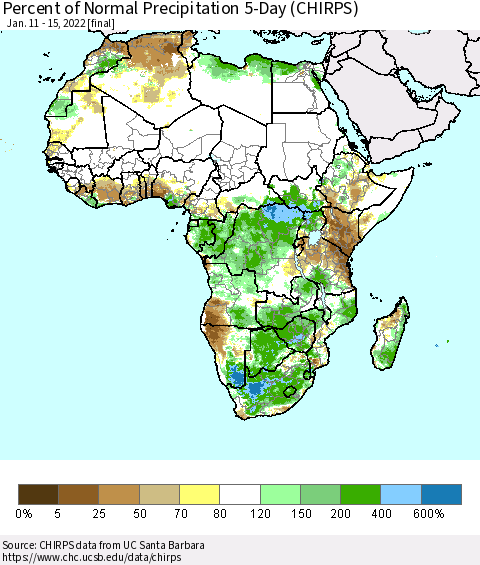 Africa Percent of Normal Precipitation 5-Day (CHIRPS) Thematic Map For 1/11/2022 - 1/15/2022