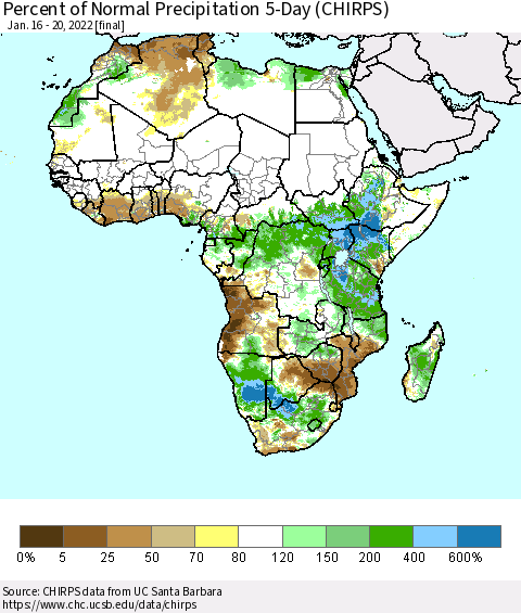 Africa Percent of Normal Precipitation 5-Day (CHIRPS) Thematic Map For 1/16/2022 - 1/20/2022