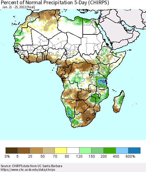 Africa Percent of Normal Precipitation 5-Day (CHIRPS) Thematic Map For 1/21/2022 - 1/25/2022