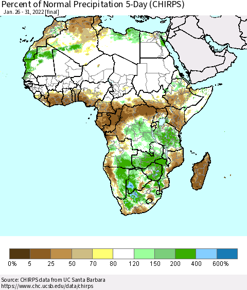 Africa Percent of Normal Precipitation 5-Day (CHIRPS) Thematic Map For 1/26/2022 - 1/31/2022
