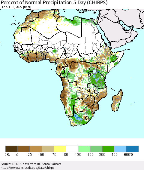 Africa Percent of Normal Precipitation 5-Day (CHIRPS) Thematic Map For 2/1/2022 - 2/5/2022
