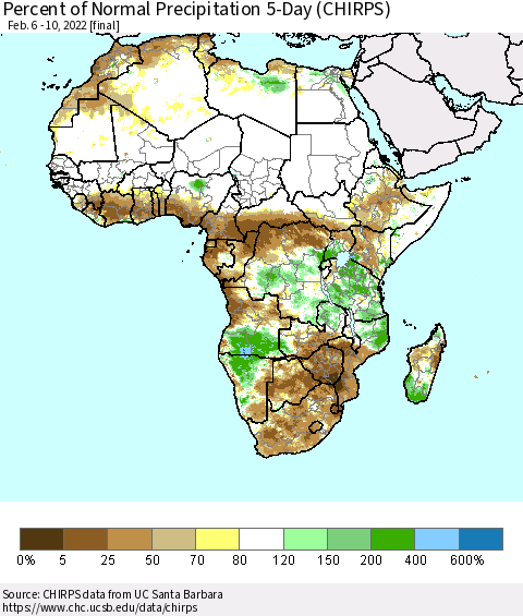 Africa Percent of Normal Precipitation 5-Day (CHIRPS) Thematic Map For 2/6/2022 - 2/10/2022