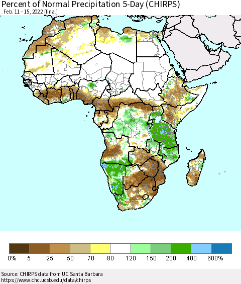 Africa Percent of Normal Precipitation 5-Day (CHIRPS) Thematic Map For 2/11/2022 - 2/15/2022