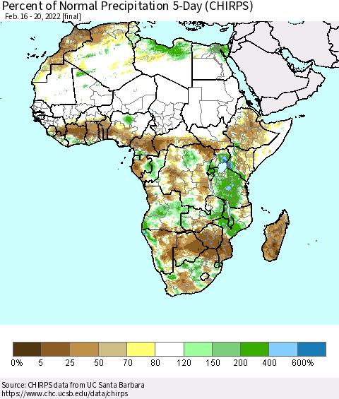 Africa Percent of Normal Precipitation 5-Day (CHIRPS) Thematic Map For 2/16/2022 - 2/20/2022