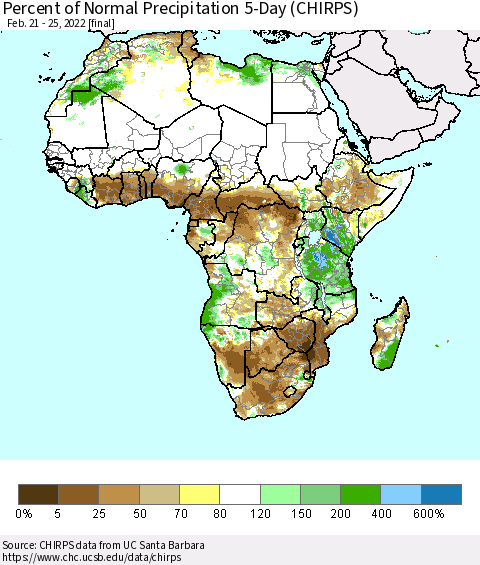 Africa Percent of Normal Precipitation 5-Day (CHIRPS) Thematic Map For 2/21/2022 - 2/25/2022